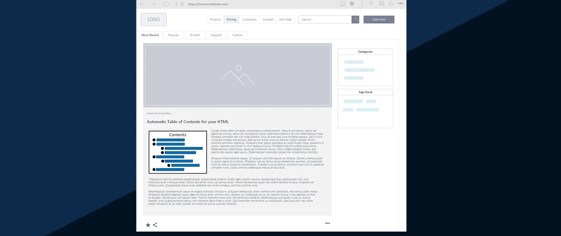 Table of contents of website mockup