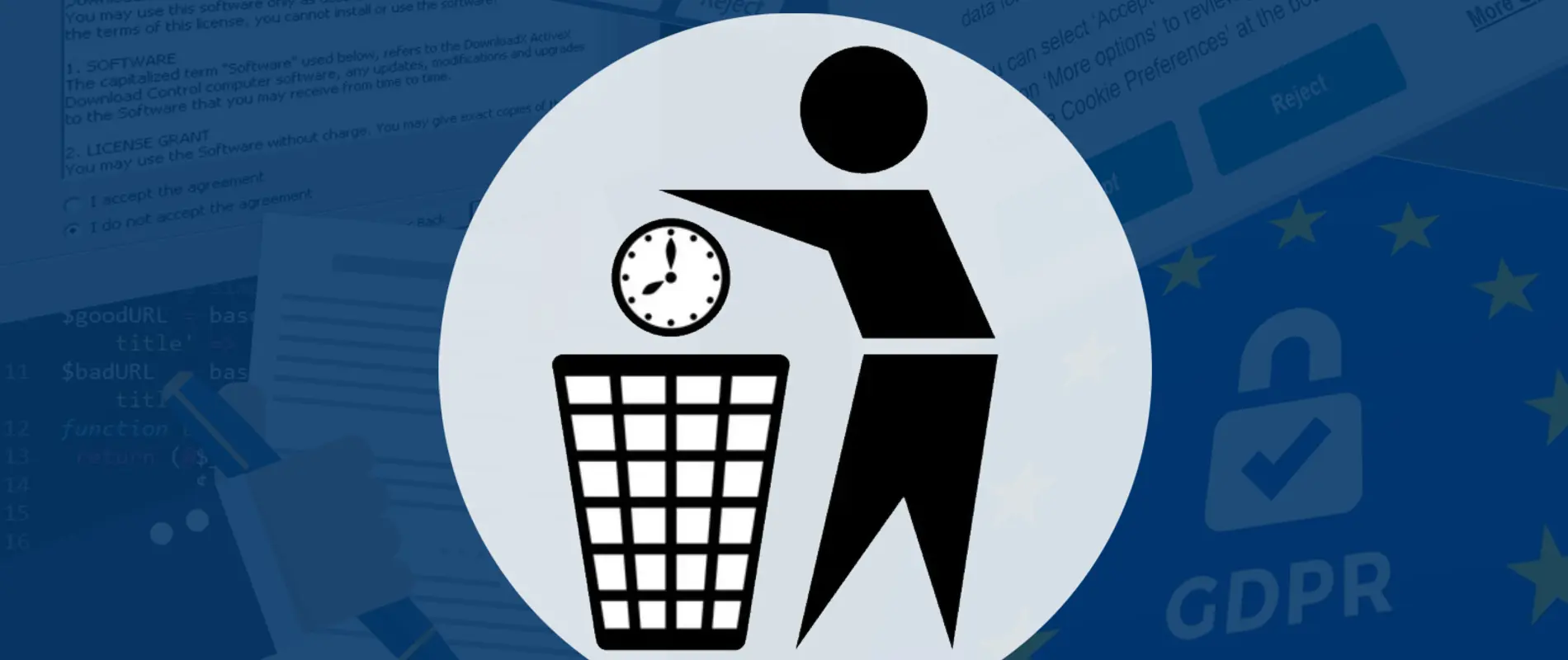 man throwing clock to rubbish bin in front of gdpr dialogs and setup screen