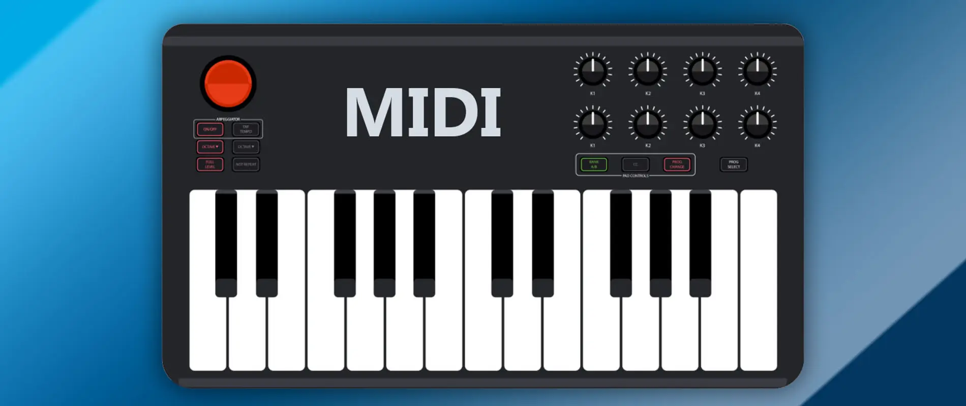 Midi keyboard in front of blue background