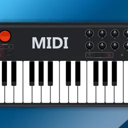 Midi keyboard in front of blue background